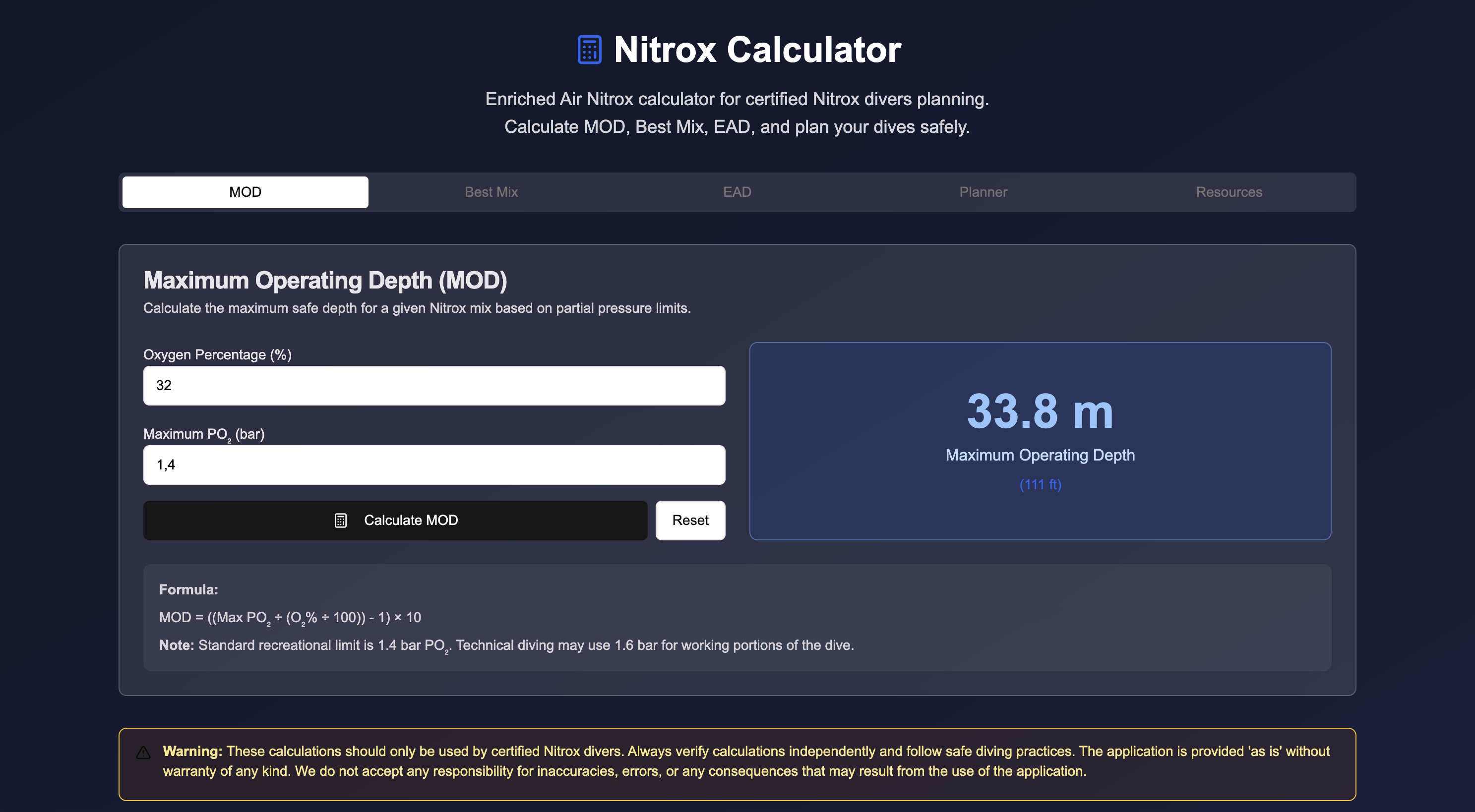 EAN Nitrox Calculator